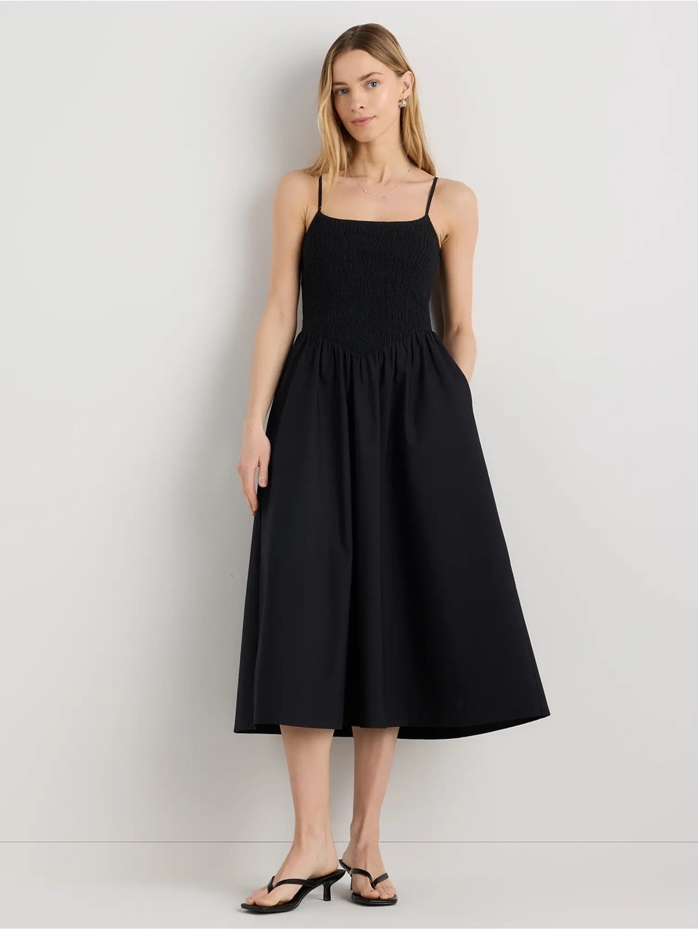 Quince 100% Organic Cotton Poplin Drop Waist Midi Dress NWT Size Small Black